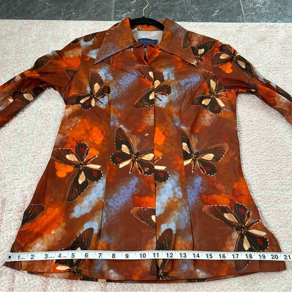 VNTG 70's Panhandle Slim Orange Blue Brown Butterfly Snap Front Shirt Size 14/36 - Picture 10 of 16